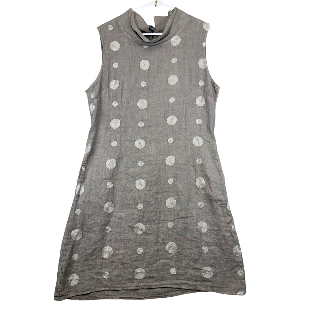 Lina‎ Tomei Dress Womens Large Brown Polka Dot Sleeveless Shift Linen Cowl Neck